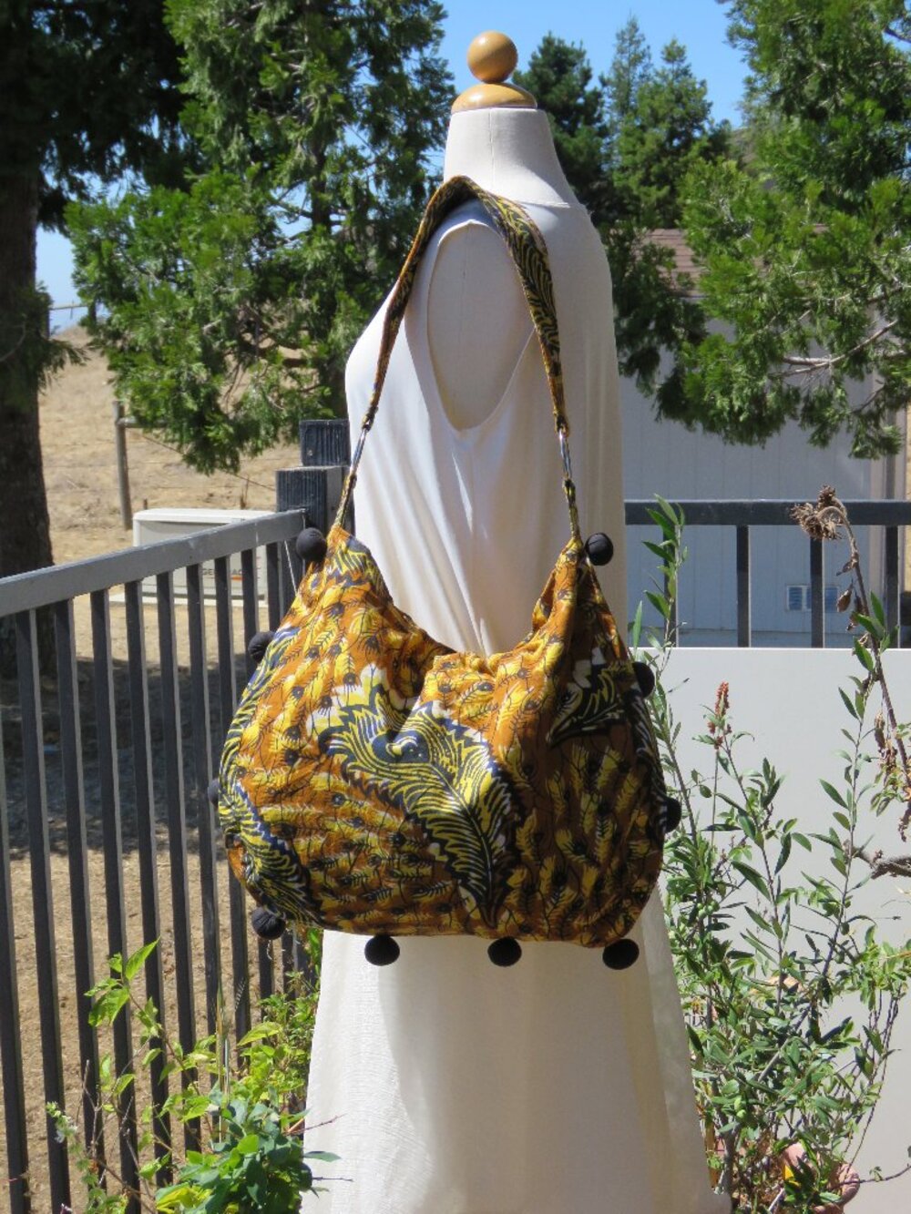 Colorful African Peacock Feather Pom Pom Large Tote Bag - Handmade in Tanzania